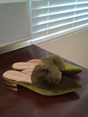 Olive Green Velvet Pom-Pom Mules